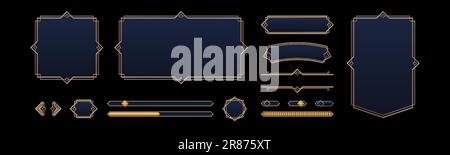 Game UI elements with gold frames in medieval style. Buttons, banners different shapes, progress bar, arrows and sliders with fantasy metal border, ve Stock Vector