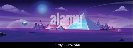 Night futuristic neon Egypt city with pyramid background. Dark cyber ...