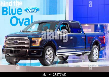 DETROIT, MI, USA - JANUARY 13, 2015: Ford F150 pickup on display during the 2015 Detroit International Auto Show at the COBO Center in  Detroit, Mi. Stock Photo