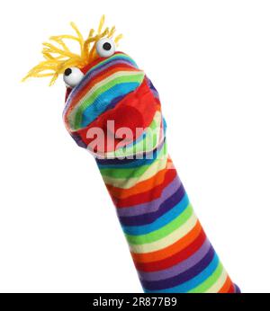 Funny sock puppet with hair isolated on white Stock Photo