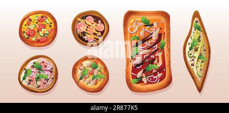 Isolated pizza top view vector icon illustration set. Round margherita and marinara kinds italian food for lunch in restaurant. Different pizzeria coo Stock Vector