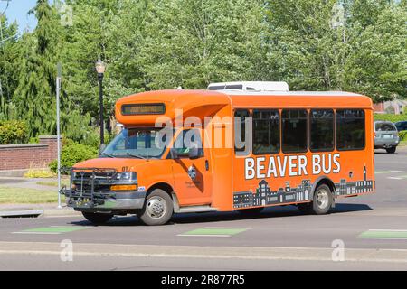 Corvallis, OR, USA - June 12, 2023; Orange Oregon State University on campus Beaver Bus shuttle Stock Photo