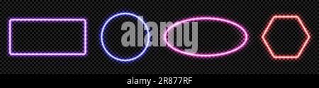 Neon light frame with glow square, rectangle geometric hexagon shape border vector. Led line sign with electric laser shine cyber effect in pink, red Stock Vector