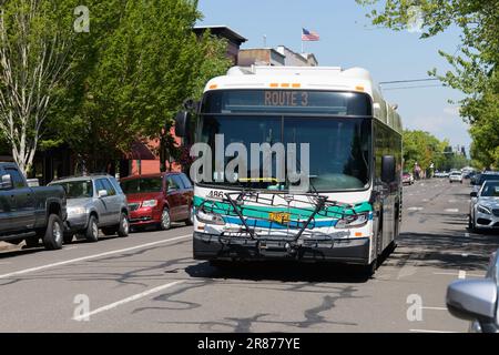 Albany, OR, USA - June 12, 2023; Albany Transit System Oregon New Flyer industries bus on local street in city Stock Photo