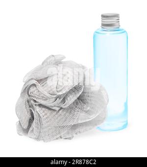 New grey shower puff and bottle of cosmetic product on white background Stock Photo