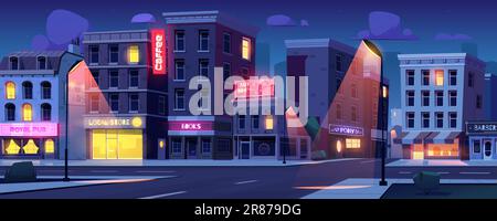 Night city street intersection cartoon vector background. Urban building scene view with crossroad and neon light in store window. Empty asphalt road Stock Vector