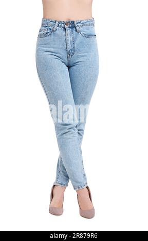 Woman in stylish jeans on white background, closeup Stock Photo