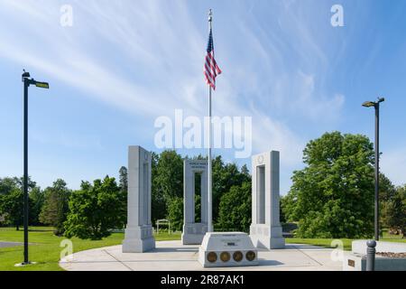 Walla Walla, WA, USA - May 25, 2023; Fort Walla Walla World War II Memorial pillars and service insignia Stock Photo