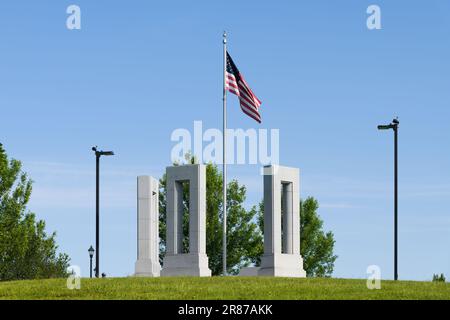 Walla Walla, WA, USA - May 25, 2023; Three Vermont granite pillars at Fort Walla Walla World War II Memorial Stock Photo