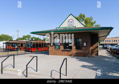 Walla Walla, WA, USA - May 25, 2023; Valley Transit central Market Station in Walla Walla with trolley buses Stock Photo