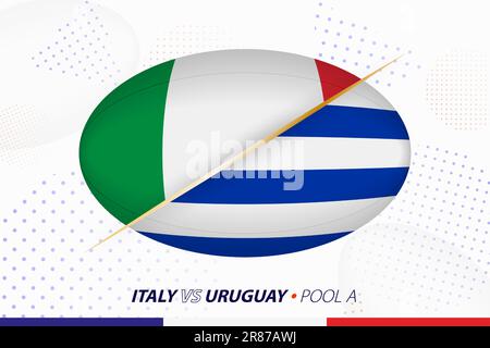 Rugby match between Italy and Uruguay, concept for rugby tournament. Vector flags stylized in shape of oval ball. Stock Vector