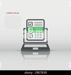 Questionnaire laptop icon in flat style. Online survey vector illustration on white isolated background. Checklist report business concept. Stock Vector