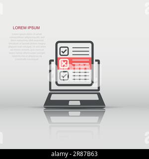 Questionnaire laptop icon in flat style. Online survey vector illustration on white isolated background. Checklist report business concept. Stock Vector