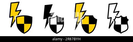 Flash icon behind shield, different versions. Protection from electric shock concept Stock Vector