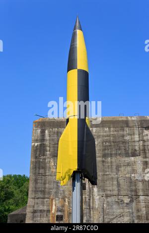 A Second World War Nazi Germany V-2 (A-4) long-range guided ballistic missile (the world's first) at the Bunker of Eperlecques (Pas-de-Calais), France Stock Photo