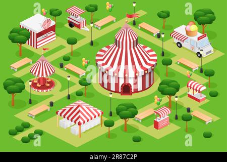 Festival map. Isometric 3D city. Circus tent or food court. Marketplace trucks. Ice cream car van. Market snack store. Shooting range and carousel. Pa Stock Vector