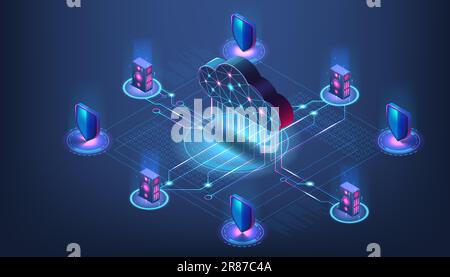 Data cloud. Storage digital technology. Malware attack on internet platform. Online server. 3D smart big center for business. Database connection. Com Stock Vector