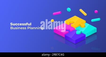 3D isometric puzzle. Successful solutions for business. Team pieces connect. Join jigsaw. Work cooperation. Efficient planning concept. Game collabora Stock Vector