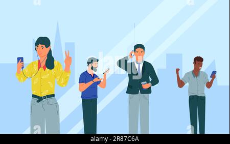 People using phones. Men and women with smartphones. Persons calling or chatting by online messengers. Pedestrians holding mobile devices. Cellphone c Stock Vector