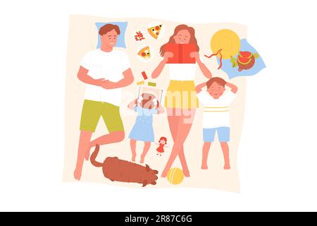 Cartoon parents and kids lying on summer grass lawn, cute woman and baby girl read book outdoor, people eat pizza and watermelon isolated. Family weekend picnic, top view vector illustration Stock Vector