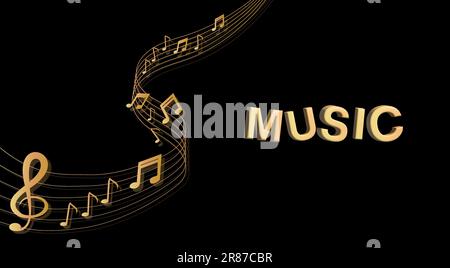 Musical background with clef and notes and 3D effects in gold tone on black background Stock Vector