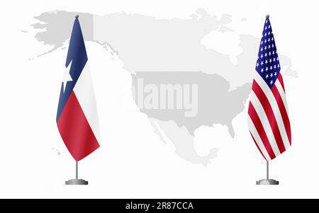Texas US and USA flags for official meeting against background of world map. Stock Vector