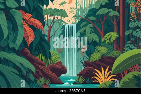 vector background illustration depicting a lush and vibrant jungle scene with towering trees, dense foliage, and a cascading waterfall. richness and Stock Vector