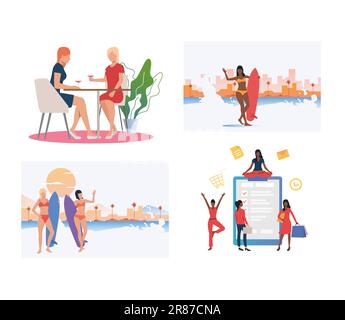 Set of female friends spending leisure time together Stock Vector