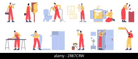 Home renovation people. Professional workers in uniform overalls. House repair process. Conditioner installing and wallpapering. Wall painting. Master Stock Vector