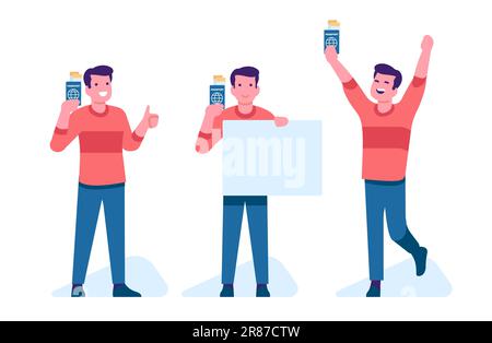 Joyful young man shows his passport tickets or boarding passes. Happy tourists holding blank board. Jumping and smiling guy. Tourism journey. Holiday Stock Vector