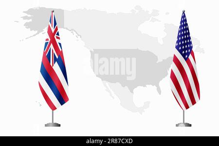 Hawaii US and USA flags for official meeting against background of world map. Stock Vector