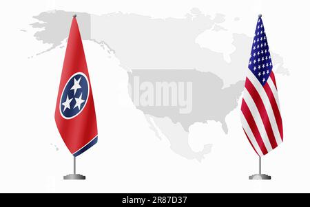 Tennessee US and USA flags for official meeting against background of world map. Stock Vector