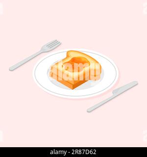 Toast bread with apricot jam. Plate with cutlery. Khife and fork isometric. Sweet sandwich. Vector illustration isolated. Stock Vector