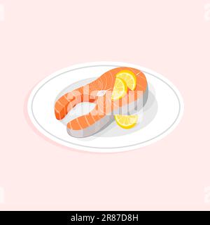 Grilled salmon fillet on the plate. Red fish steak with slices of lemon. Vector illustration in a trendy flat style isolated. Stock Vector