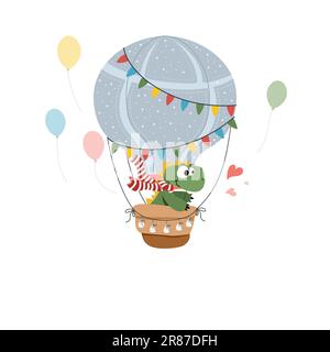 Cute dinosaur flying in a hot air balloon theme vector illustration for fashion artworks, children books, t-shirt prints. Adorable hand drawn childish Stock Vector