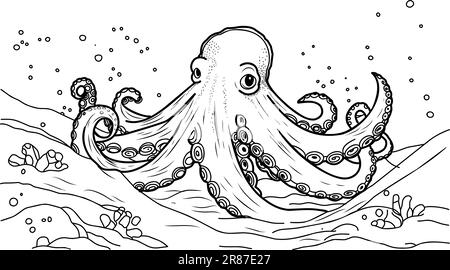 Octopus coloring book. Coloring page simple line illustration of octopus and underwater world Stock Vector