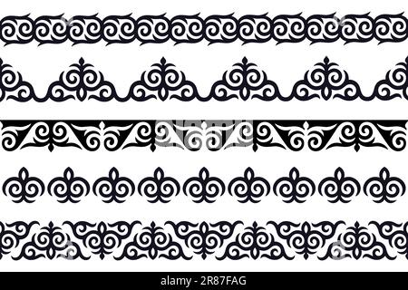 Traditional Kazakh, Kyrgyz, Uzbek pattern set. Seamless bands or borders, black and white ornaments. Vector design element. Stock Vector