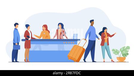 Friendly receptionists from hotel registration desk help clients Stock Vector