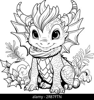 Dragon coloring book. Coloring page simple line illustration of little cute dragon in cartoon style. Symbol of 2024 Stock Vector