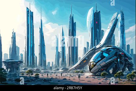 a futuristic cityscape with sleek skyscrapers flying cars and high tech infrastructure. futuristic landmarks or holographic advertisements to Stock Vector Image Art Alamy