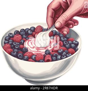 Hand holding bowl of fresh berry yogurt Stock Vector