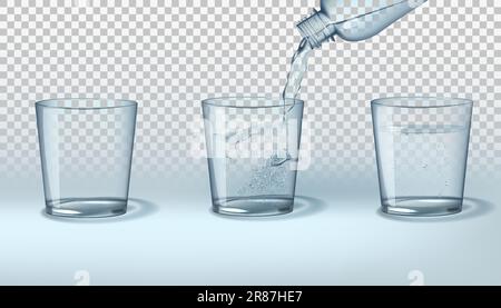 Empty glass cup, full one and water pouring into realistic glass cup from  plastic bottle on transparent background set. Purified or mineral water  advertising, package vector design. Stock Vector
