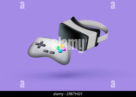 3D video game. VR icons. Metaverse elements. Gamers wireless joystick render. Virtual simulator glasses. Gaming technology. Tech gadgets. Playing cont Stock Vector