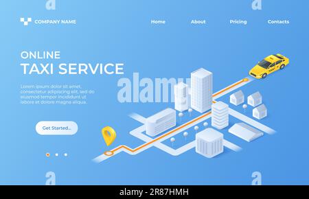 Isometric taxi landing page. Urban map in online service app. Car driving on highway. Cab route. City buildings. Ride order. Destination pin. Booking Stock Vector