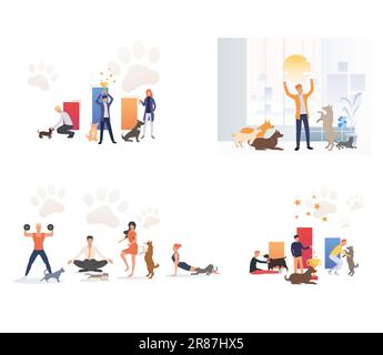Set of pet owners performing with pets Stock Vector