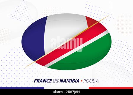 Rugby match between France and Namibia, concept for rugby tournament. Vector flags stylized in shape of oval ball. Stock Vector