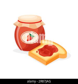 Toast bread and jar of strawberry or raspberries jam. Sweet sandwich. Vector illustration in isometric style isolated on white background. Stock Vector