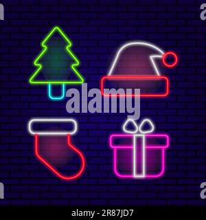 Set of neon Cristmas icons isolated on dark brick wall background. Xmas, winter, New Year concept. Vector 10 EPS illustration Stock Vector