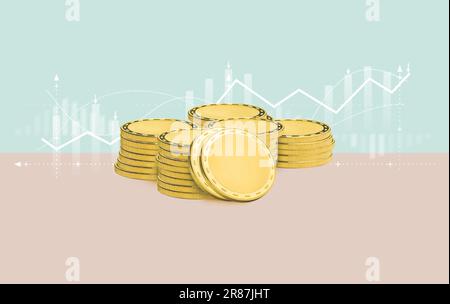 Stack of gold coins on the background of financial charts. 3D illustration Stock Photo