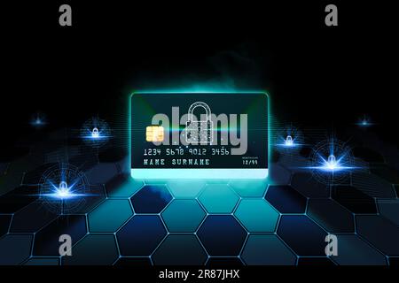Cyber security concept. Credit card with padlock on hexagonal background, 3D illustration. Stock Photo